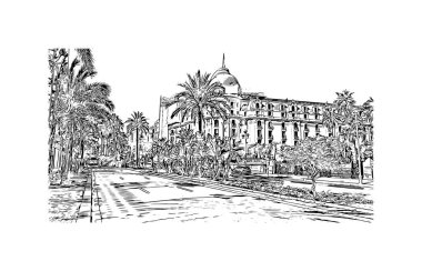 Print Building view with landmark of Nice is the city in France. Hand drawn sketch illustration in vector.
