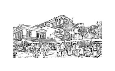 Print Building view with landmark of Nice is the city in France. Hand drawn sketch illustration in vector.