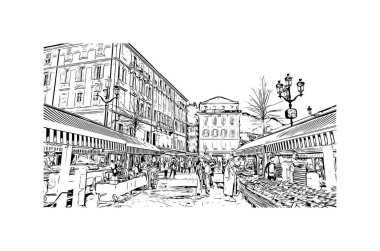 Print Building view with landmark of Nice is the city in France. Hand drawn sketch illustration in vector.