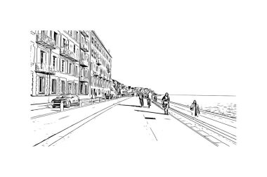 Print Building view with landmark of Nice is the city in France. Hand drawn sketch illustration in vector.