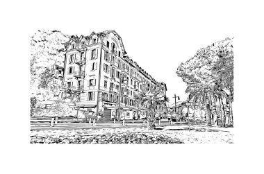 Print Building view with landmark of Nice is the city in France. Hand drawn sketch illustration in vector.