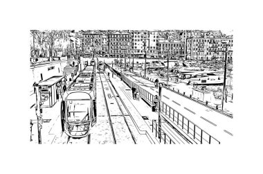 Print Building view with landmark of Nice is the city in France. Hand drawn sketch illustration in vector.