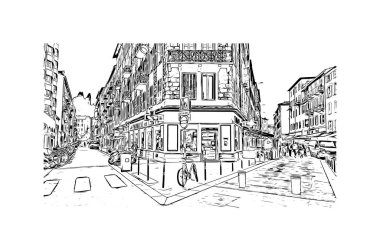 Print Building view with landmark of Nice is the city in France. Hand drawn sketch illustration in vector.