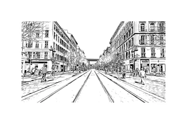 Print Building View Landmark Nice City France Hand Drawn Sketch — Stok Vektör