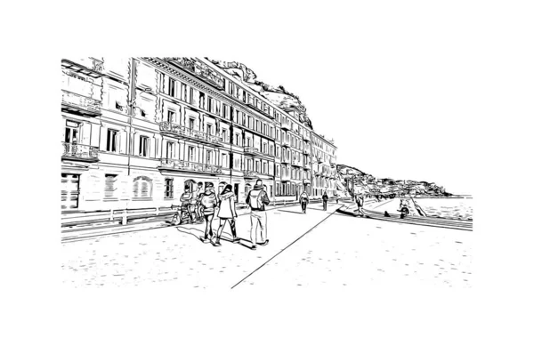 Print Building view with landmark of Nice is the city in France. Hand drawn sketch illustration in vector.