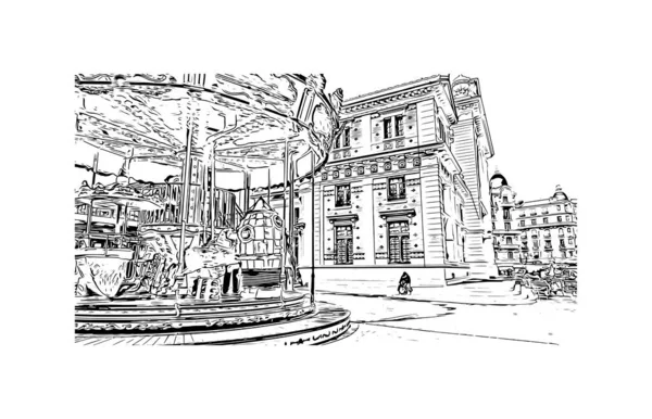 Print Building View Landmark Nice City France Hand Drawn Sketch — Vettoriale Stock