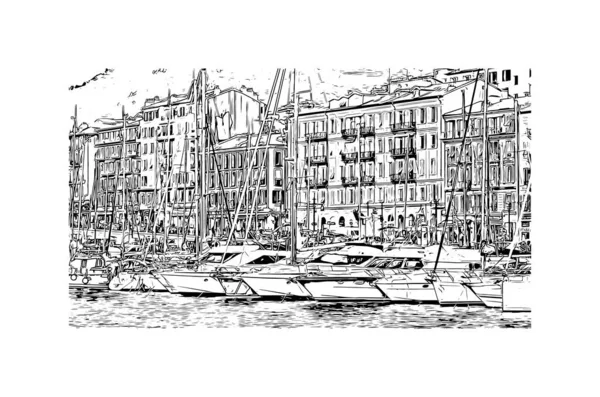 Print Building View Landmark Nice City France Hand Drawn Sketch — Stockový vektor