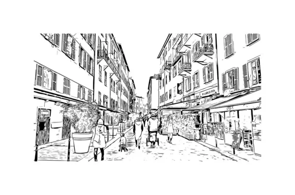 Print Building View Landmark Nice City France Hand Drawn Sketch — стоковий вектор