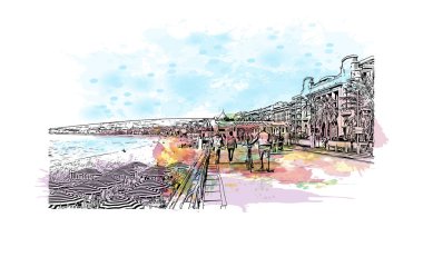 Print Building view with landmark of Nice is the city in France. Watercolor splash with hand drawn sketch illustration in vector.