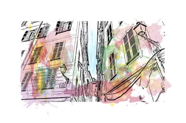 Print Building view with landmark of Nice is the city in France. Watercolor splash with hand drawn sketch illustration in vector.
