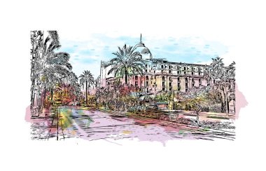 Print Building view with landmark of Nice is the city in France. Watercolor splash with hand drawn sketch illustration in vector.