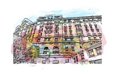 Print Building view with landmark of Nice is the city in France. Watercolor splash with hand drawn sketch illustration in vector.