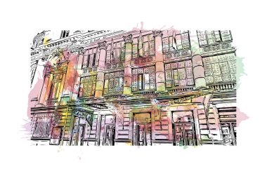 Print Building view with landmark of Nice is the city in France. Watercolor splash with hand drawn sketch illustration in vector.