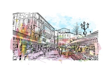 Print Building view with landmark of Nice is the city in France. Watercolor splash with hand drawn sketch illustration in vector.