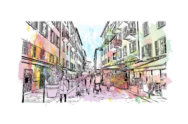 Print Building view with landmark of Nice is the city in France. Watercolor splash with hand drawn sketch illustration in vector.