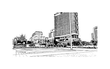 Print Building view with landmark of Nha Trang is the city in Vietnam. Hand drawn sketch illustration in vector.
