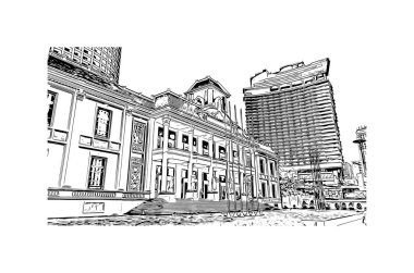 Print Building view with landmark of Nha Trang is the city in Vietnam. Hand drawn sketch illustration in vector.