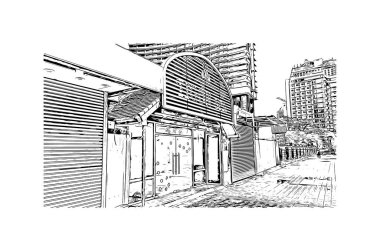 Print Building view with landmark of Nha Trang is the city in Vietnam. Hand drawn sketch illustration in vector.
