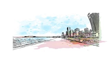 Print Building view with landmark of Nha Trang is the city in Vietnam. Watercolor splash with hand drawn sketch illustration in vector.