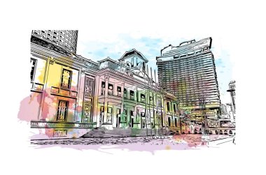 Print Building view with landmark of Nha Trang is the city in Vietnam. Watercolor splash with hand drawn sketch illustration in vector.