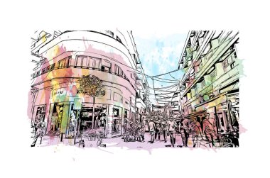 Print Building view with landmark of Nicosia is the capital of Cyprus. Watercolor splash with hand drawn sketch illustration in vector.