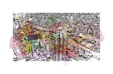 Print Building view with landmark of Nicosia is the capital of Cyprus. Watercolor splash with hand drawn sketch illustration in vector.