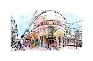 Print Building view with landmark of Nicosia is the capital of Cyprus. Watercolor splash with hand drawn sketch illustration in vector.