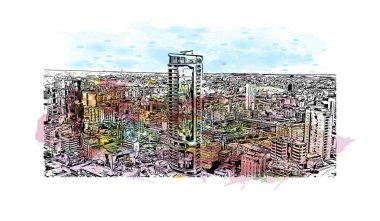 Print Building view with landmark of Nicosia is the capital of Cyprus. Watercolor splash with hand drawn sketch illustration in vector.