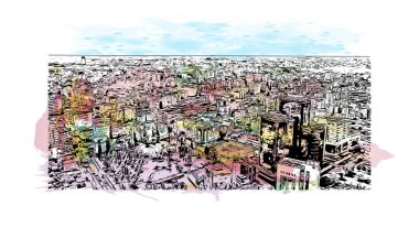 Print Building view with landmark of Nicosia is the capital of Cyprus. Watercolor splash with hand drawn sketch illustration in vector.