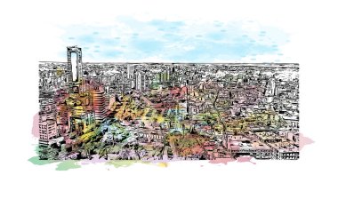Print Building view with landmark of Nicosia is the capital of Cyprus. Watercolor splash with hand drawn sketch illustration in vector.