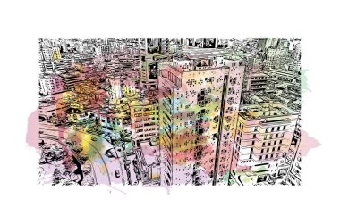 Print Building view with landmark of Nicosia is the capital of Cyprus. Watercolor splash with hand drawn sketch illustration in vector.