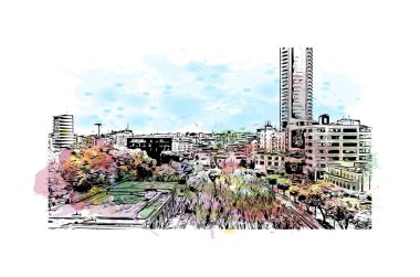 Print Building view with landmark of Nicosia is the capital of Cyprus. Watercolor splash with hand drawn sketch illustration in vector.
