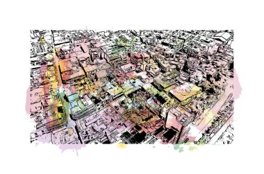 Print Building view with landmark of Nicosia is the capital of Cyprus. Watercolor splash with hand drawn sketch illustration in vector.