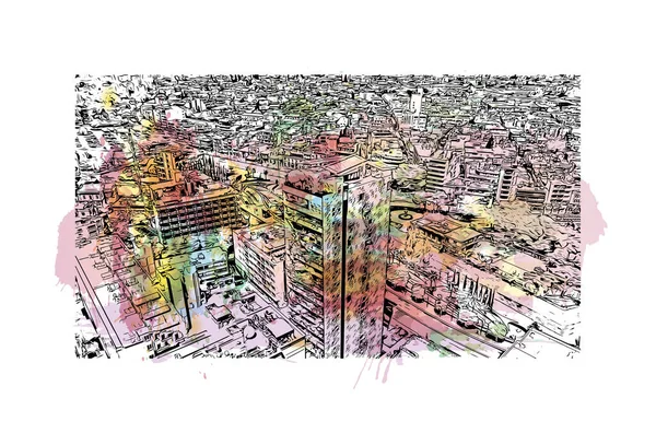 Print Building View Landmark Nicosia Capital Cyprus Watercolor Splash Hand — Stock Vector