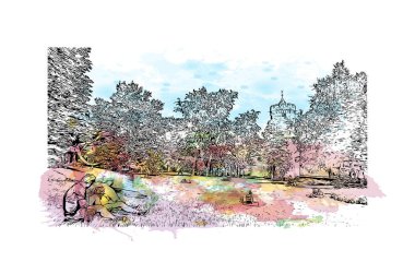 Print Building view with landmark of Nijmegen is the municipality in Netherlands. Watercolor splash with hand drawn sketch illustration in vector.