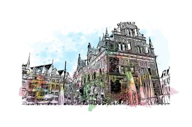 Print Building view with landmark of Nijmegen is the municipality in Netherlands. Watercolor splash with hand drawn sketch illustration in vector.