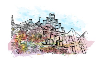 Print Building view with landmark of Nijmegen is the municipality in Netherlands. Watercolor splash with hand drawn sketch illustration in vector.
