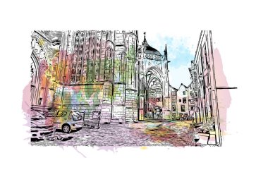 Print Building view with landmark of Nijmegen is the municipality in Netherlands. Watercolor splash with hand drawn sketch illustration in vector.