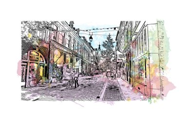 Print Building view with landmark of Nijmegen is the municipality in Netherlands. Watercolor splash with hand drawn sketch illustration in vector.
