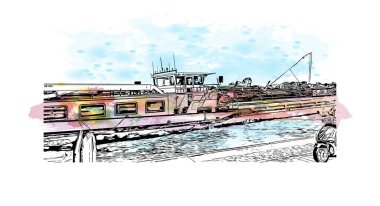 Print Building view with landmark of Nijmegen is the municipality in Netherlands. Watercolor splash with hand drawn sketch illustration in vector.