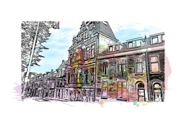 Print Building view with landmark of Nijmegen is the municipality in Netherlands. Watercolor splash with hand drawn sketch illustration in vector.