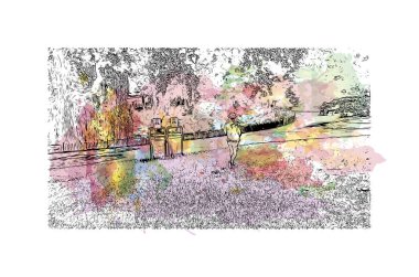 Print Building view with landmark of Nijmegen is the municipality in Netherlands. Watercolor splash with hand drawn sketch illustration in vector.