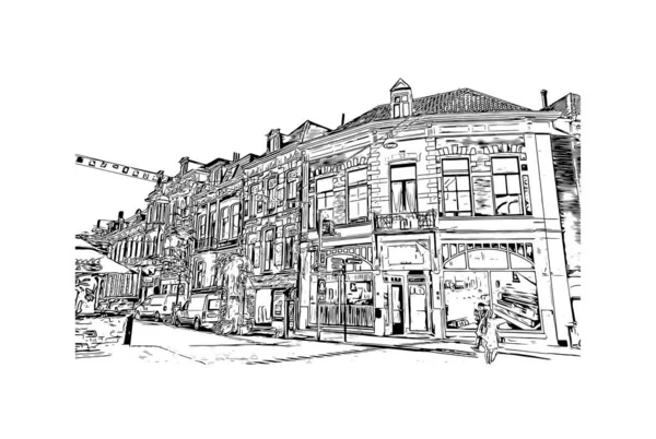 Print Building View Landmark Nijmegen Municipality Netherlands Hand Drawn Sketch — Wektor stockowy