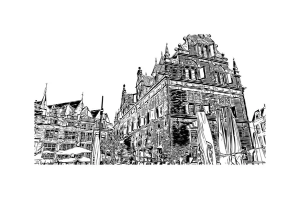 Print Building View Landmark Nijmegen Municipality Netherlands Hand Drawn Sketch — Stock vektor