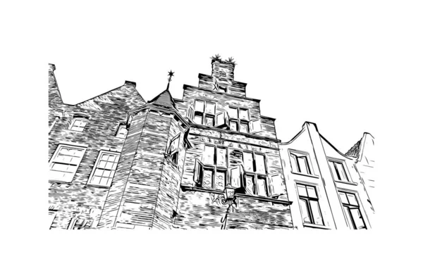 Print Building View Landmark Nijmegen Municipality Netherlands Hand Drawn Sketch — Archivo Imágenes Vectoriales