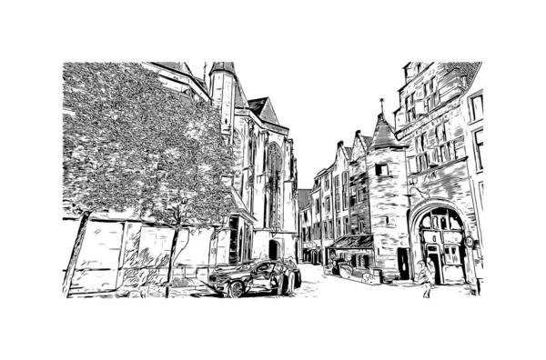 Print Building View Landmark Nijmegen Municipality Netherlands Hand Drawn Sketch — 图库矢量图片