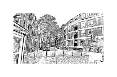 Print Building view with landmark of Nijmegen is the municipality in Netherlands. Hand drawn sketch illustration in vector