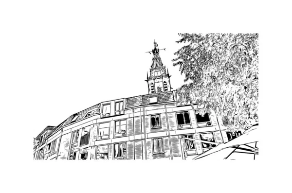 Print Building View Landmark Nijmegen Municipality Netherlands Hand Drawn Sketch — Stock Vector