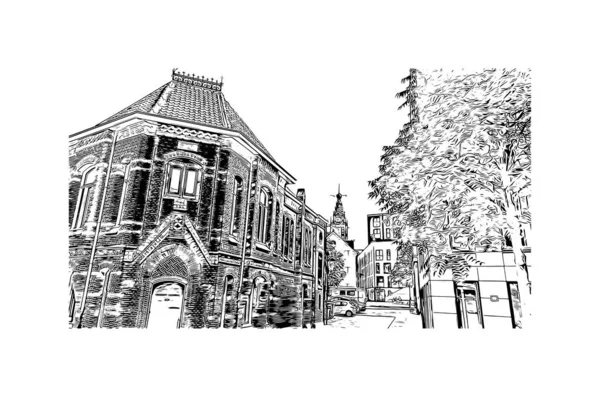Print Building View Landmark Nijmegen Municipality Netherlands Hand Drawn Sketch — Stock vektor