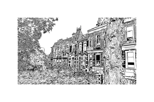 Print Building View Landmark Nijmegen Municipality Netherlands Hand Drawn Sketch — Stok Vektör
